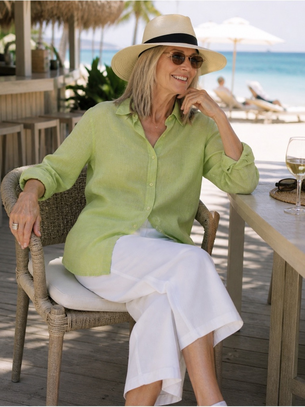 Cherokee Woman 22W 100% Linen Button Up Shirt Lime Green Long Sleeve Plus